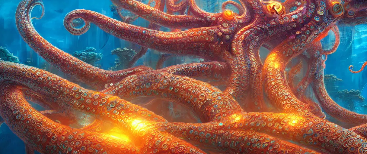 Prompt: hyperrealistic ornate underwater bio-synthetic city of atlantis on giant orange and yellow cyborg tentacles matte painting concept art alex grey hajime sorayama cinematic soft red lighting low angle hd 8k sharp shallow depth of field