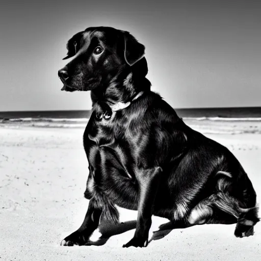 Image similar to black and white photograph of a dog that is a king in the beach