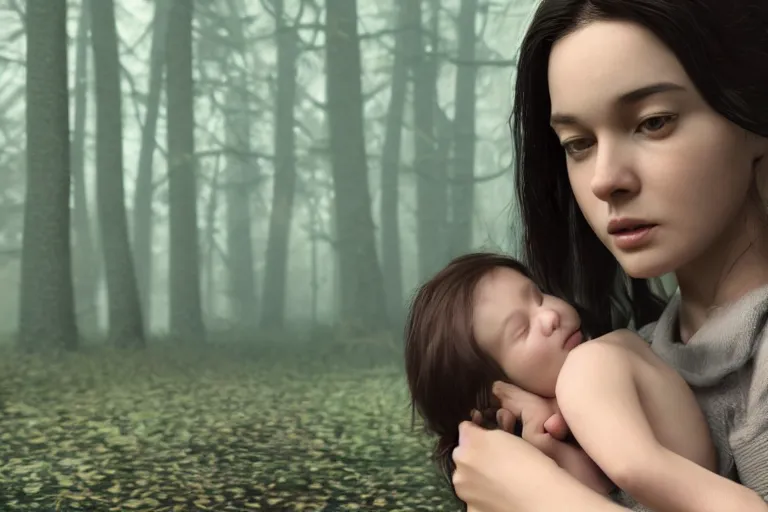 Image similar to a cinematic shot of a young woman with dark hair holds a baby in a dark, foggy forest, octane render, nvidia raytracing demo, closeup, masterpiece