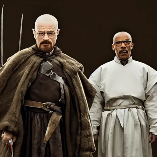 Image similar to walter white and gustavo fring dress like a knights from game of thrones, dueling with swords, cinematic, highly - detailed, 8 k, hbo, game of thrones, realistic