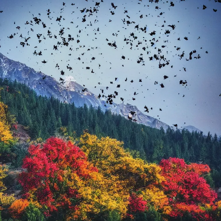 Image similar to a beautiful awesome artistic tree with falling flowers like leaves and many birds, all in the amazing outdoors view, mountain in the background, lake, long exposure, 8 k resolution, trending on artstation