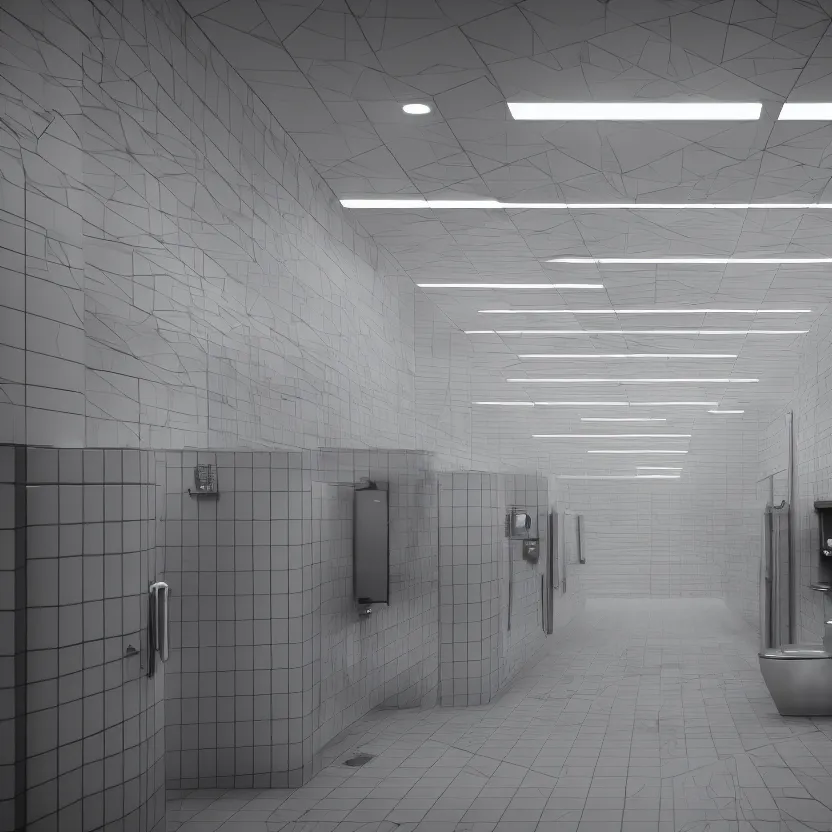 Image similar to an infinite public restroom with endless stalls and endless sinks fading into the distance, cinematic lighting, volumetric lighting, award winning photography, highly detailed, intricate, sharp focus, 4 k wallpaper, unreal engine, 9 0 mm, f / 1. 4