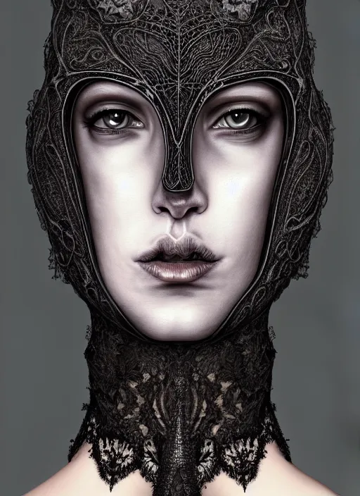 Image similar to lace armor witchy dark, iris van herpen, helmet on face, portrait, voluminous, masterpiece, intricate, highly detailed, artstation, dreamy ghost, concept art