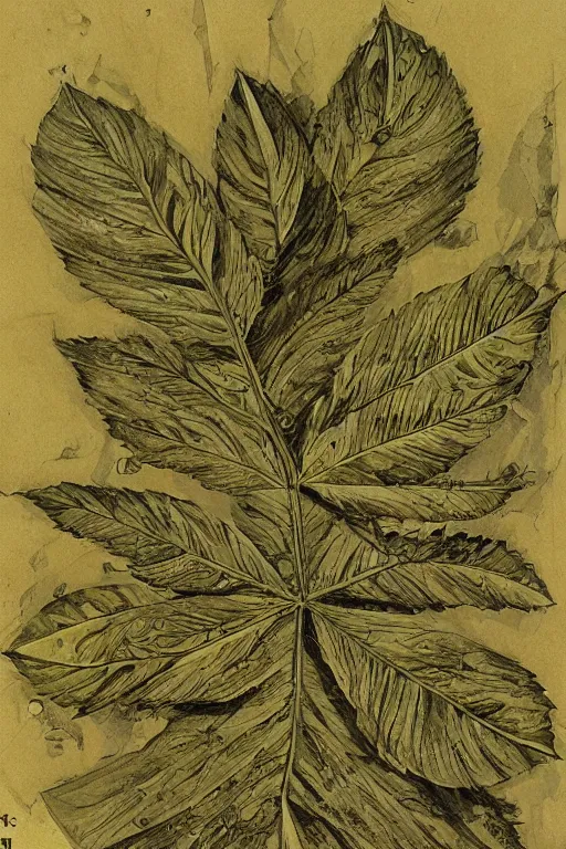 Prompt: scan of smiling leaves of an old cursed herbarium, by john howe, infographic, textbook, marginalia, cursed, alien