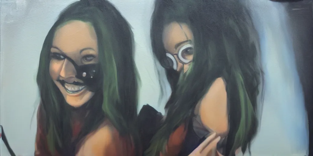 Prompt: creepy oil painting of kaceytron smiling sinisterly