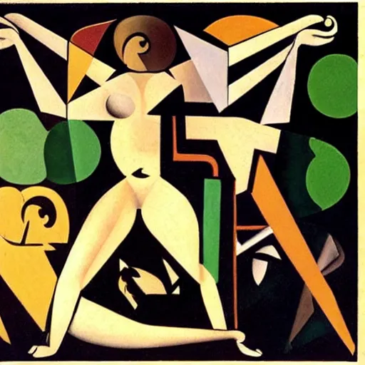 Image similar to graphic design exciting by juan gris. the body art shows venus seated on a crescent moon. she is surrounded by the goddesses ceres & bacchus, who are both holding cornucopias.