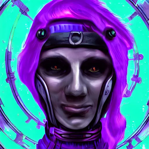 Image similar to a portrait photo of a futuristic sci - fi pirate, purple themed