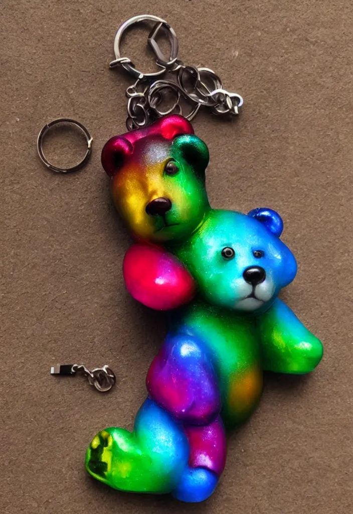 Prompt: a small colourful glass bear keychain by greg rutkowski, sung choi, mitchell mohrhauser, maciej kuciara, johnson ting, maxim verehin, peter konig, 8 k photorealistic, cinematic lighting, hd, high details, dramatic, atmosphereric, trending on artstation