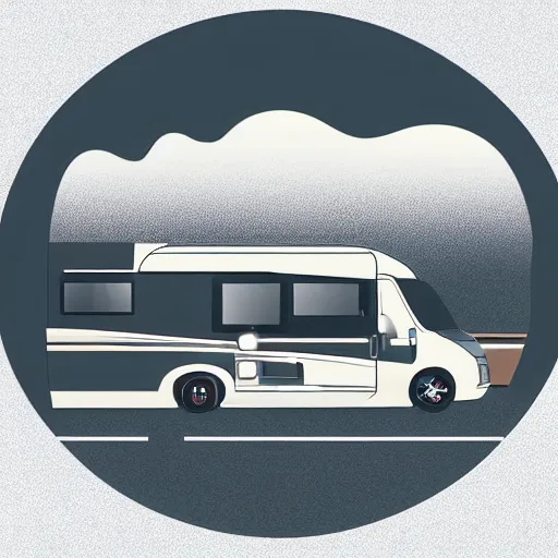 Image similar to very very very stylized minimal vector graphic of a thor chateau motorhome, hills and sunset, white background, all enclosed in a circle, professional minimal graphic design cartoon