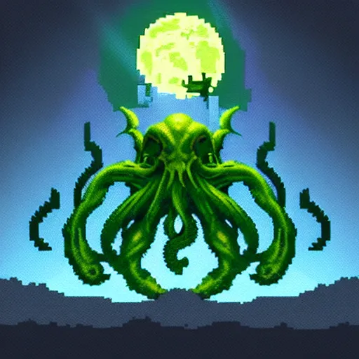 Image similar to pixelart Cthulhu, landscape, horizon, lunar, moon, backlit