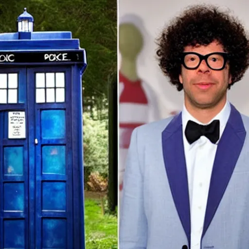 Prompt: Richard Ayoade dressed as Doctor Who, standing next to the TARDIS