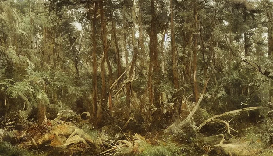 Image similar to a beautiful forest illustrated by eugene von guerard, ivan shishkin, john singer sargent