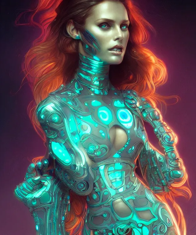 Prompt: Supermodel woman turning into an Android portrait, dark surrealism , scifi, intricate, elegant, highly detailed, teal neon glowing eyes, digital painting, artstation, concept art, smooth, sharp focus, illustration, art by artgerm and moebius and alphonse mucha