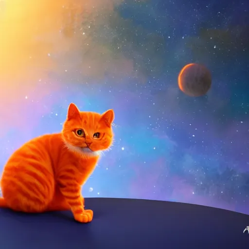 Image similar to A fuzzy orange cat sitting on planet earth, space with stars in the background, digital art, matte art, trending on artststion and unreal engine, deviant art