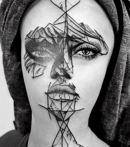 Image similar to tattoo design sketch of a beautiful woman face with an amazing mountain scenery on her side, hyper - realistic, double exposure, in the style of matteo pasqualin, amazing detail, black and white, faded