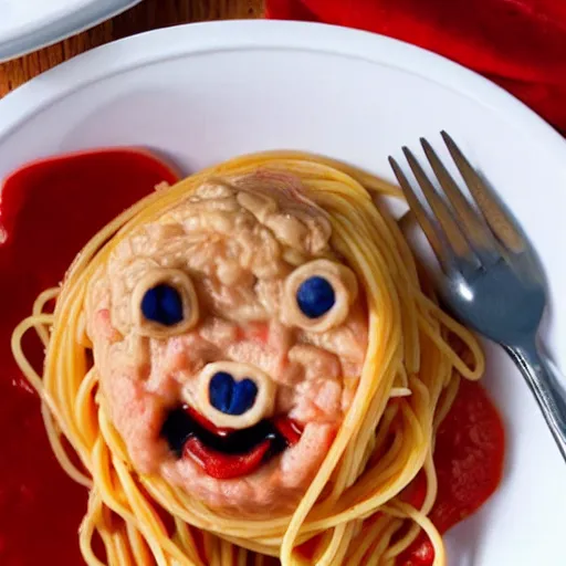 Image similar to spaghetti with meatballs shaped like screaming chucky doll