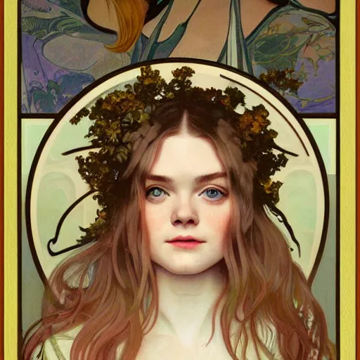 Prompt: professional painting of Elle Fanning in the style of Alphonse Mucha, head and shoulders portrait, symmetrical facial features, smooth, sharp focus, illustration, intricate, stormy weather, extremely detailed masterpiece,