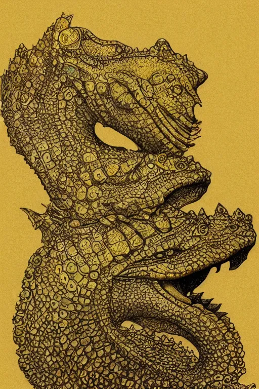 Image similar to beautiful crocodile headed god by maxfield parrish, mandala, coherent design, digital watercolor ink illustration painting, extremely dull colors, golden ratio, detailed, sharp lines, sharp focus, intricate, artgerm, gustave dore, alphonse mucha, octane render