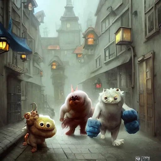 Prompt: little crazy monsters, furry creatures, monster emotional monsters and creatures in the city alleyway, wrestling each other in the style of Johfra and Shaun Tan, By Ruan Jia and Artgerm and Range Murata and WLOP and Ross Tran and William-Adolphe Bouguereau and Beeple, Fantasy Illustration. award winning, Artstation, intricate details, realistic, Hyperdetailed, 8k resolution.