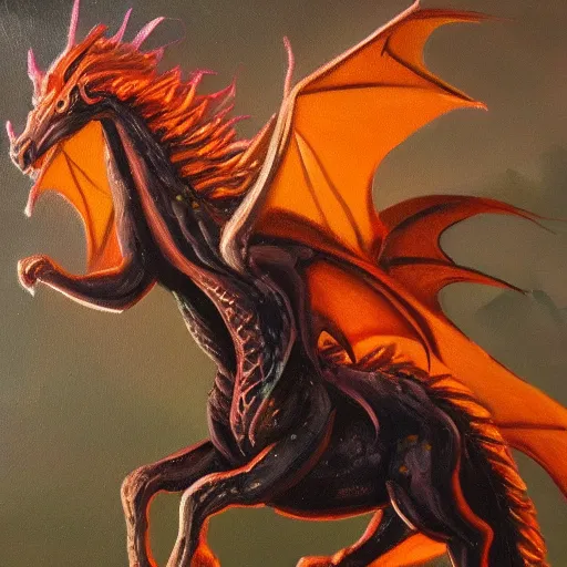 Image similar to oil painting horses mixed with dragon at night backlit