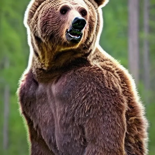 Image similar to a fantasy hybrid creature that has the body of a grizzly bear and the head of an owl, nature photography