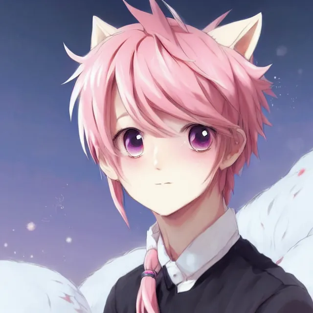 Image similar to character concept art of a cute anime boy with pink hair and pink wolf ears and freckles | | cute - fine - face, pretty face, key visual, realistic shaded perfect face, fine details by stanley artgerm lau, wlop, rossdraws, james jean, andrei riabovitchev, marc simonetti, and sakimichan, trending on artstation