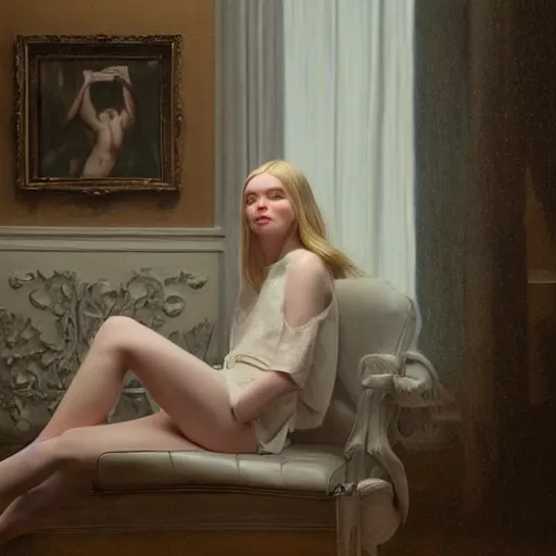 Image similar to Elle Fanning sitting on a white leather chair in the world of Adam Wyeth, head and shoulders portrait, stormy weather, extremely detailed masterpiece, oil on canvas, low-key neon lighting, artstation, Blade Runner 2049, Roger Deakin’s cinematography, by J. C. Leyendecker and Peter Paul Rubens and Edward Hopper and Michael Sowa,