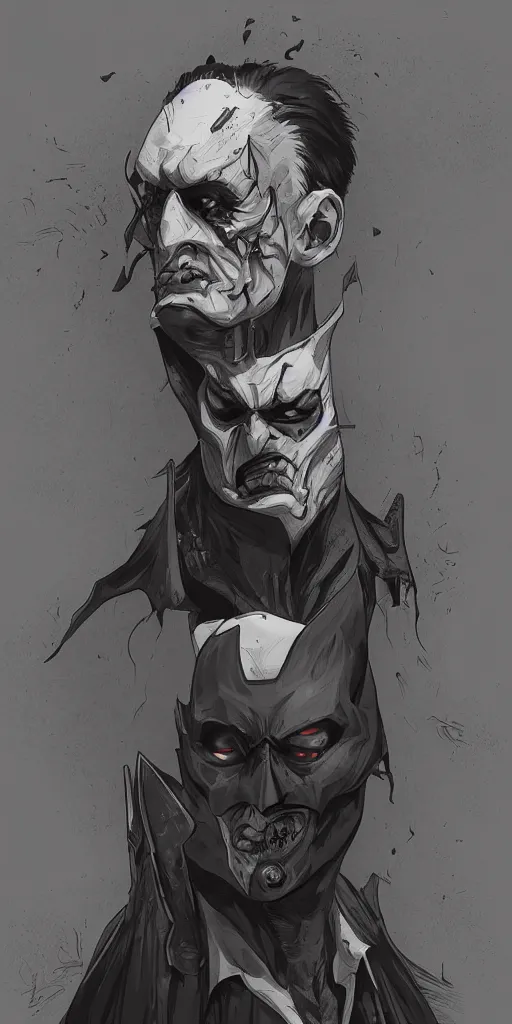 Prompt: A horror character concept based on batman, trending on artstation, digital art