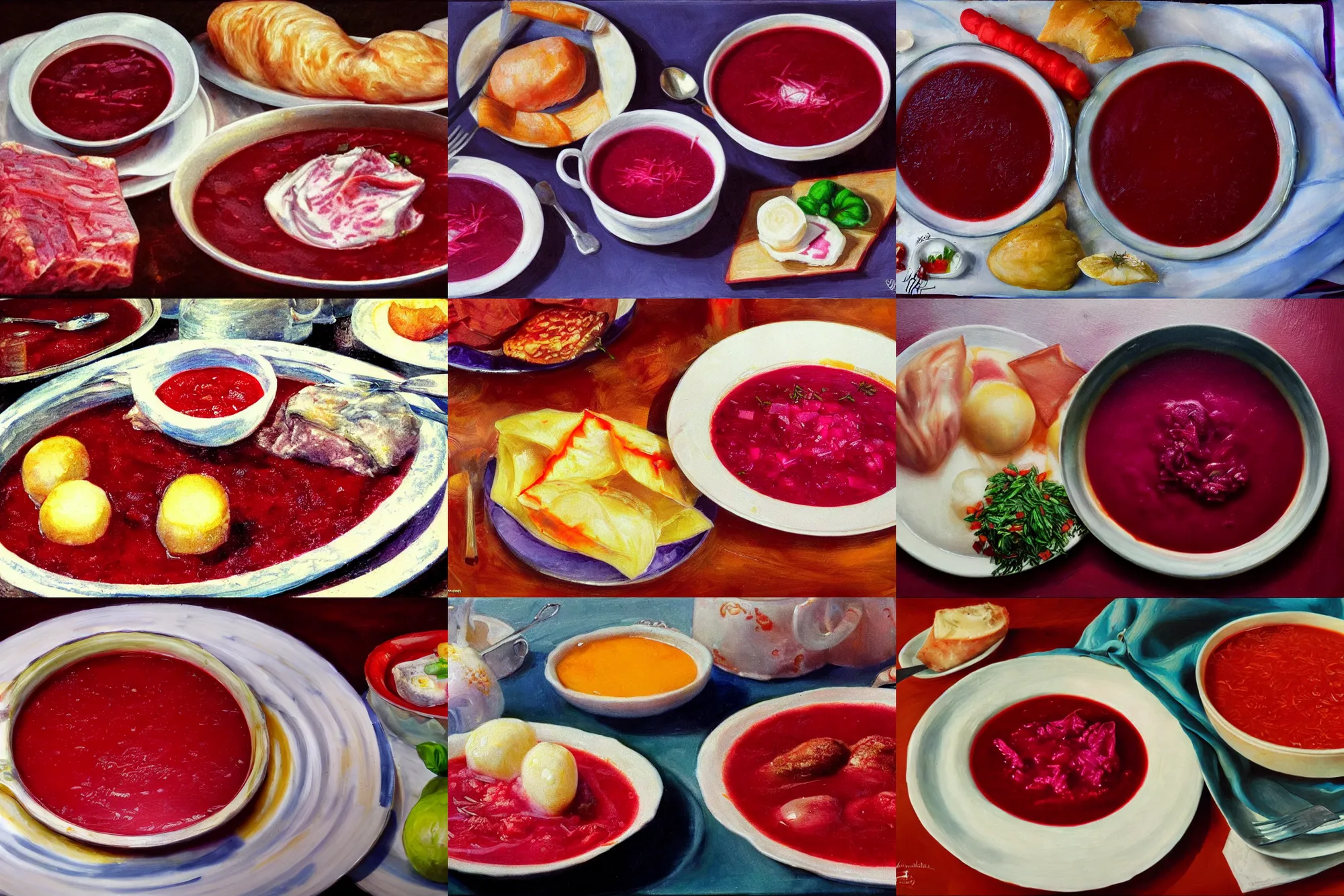 Prompt: plate of borscht, pampushka and salo, hyper realism, extremely close - up, ethnic background, epic lightning, yamy yamy