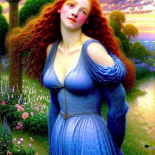 Prompt: sweaty beautiful girl, she is wearing a blue dress, she has auburn hair, jean delville, thomas kinkade