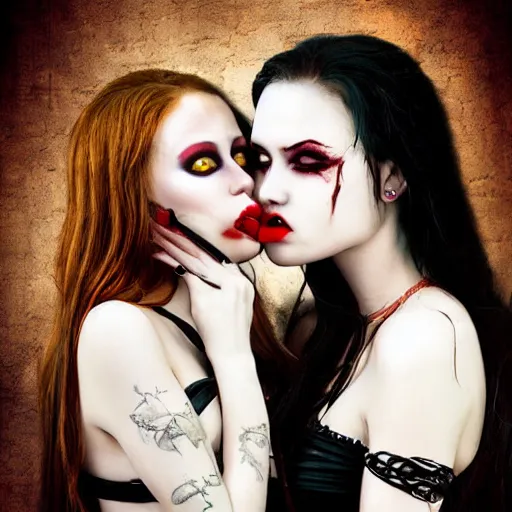 Prompt: a realistic photograph of a beautiful hot female vampire kisses another hot female vampire, dark fantasy photo art, cinematic