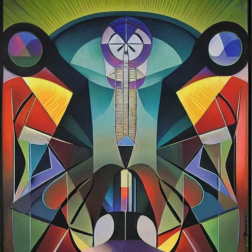 Image similar to the shaman of the subway, an art deco painting by leo and diane dillon and diego rivera, geometric designs, dramatic lighting, god rays, smooth, sharp focus, art brut, outsider art