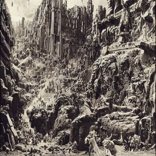 Prompt: artwork by Franklin Booth showing the fall of the city of Babylon