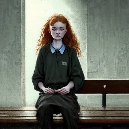 Image similar to sadie sink in oversized school uniform. waits on a bench | a bench along a wall. next to a door. in an office building. concept art for scifi dystopian film. by nikolay makovsky, bob byerley, wadim kashin, andrea kowch. cinematic moody atmosphere, detailed and intricate, perfect anatomy