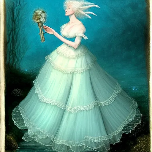 Prompt: A white haired, (((happy))) elf princess, dressed in a frilly ((lace)), wedding dress, is ((holding a key)). Everything is underwater! and floating. Greenish blue tones, theatrical, (((underwater lights))), high contrasts, fantasy water color, inspired by John Everett Millais's Ophelia