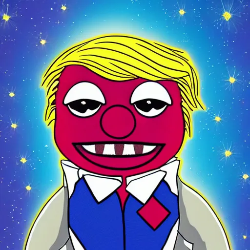 Prompt: Photo of a muppet of Donald-Trump in a nebula