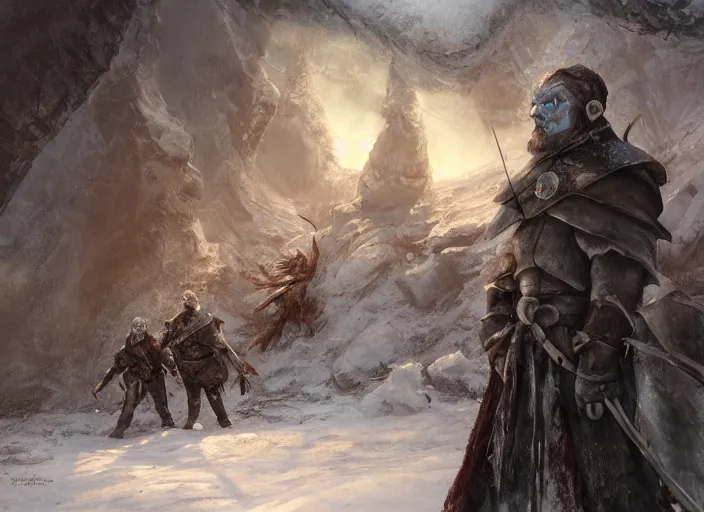 Prompt: a guard in a frozen camp full of corpses, close up, cinematic fantasy painting, dynamic perspective, game of thrones, jessica rossier and brian froud and marc simonetti