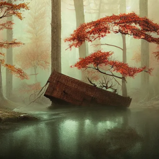 Image similar to an old big shipwreck in an autumn forest, green and red tones, by Aron Wiesenfeld and beksincki, cinematic, detailed illustration, nature, fog, dark colors, suspense, intricate, 8k