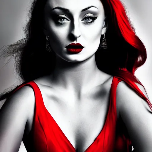 Image similar to photography detailed face sophie turner as jessica rabbit in her red dress, femme fetal, darkroom, dramatic high contrast lighting like sin city, ultra - realistic, intricate detail, 8 k