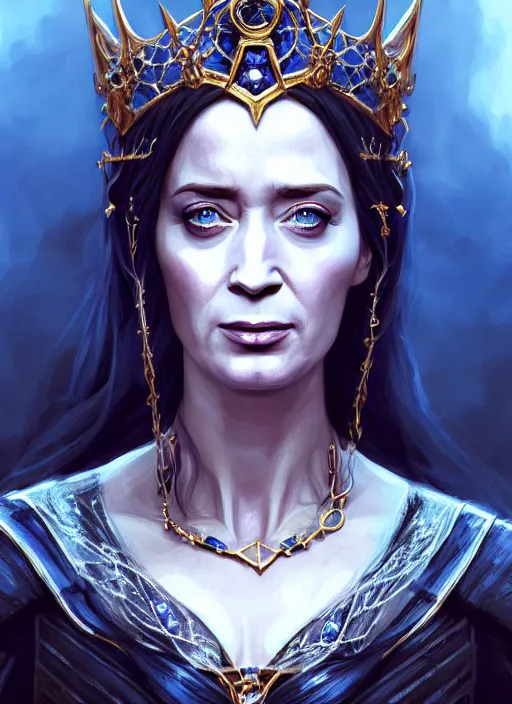 Prompt: portrait of emily blunt as witch queen, jewelry, greek, sapphire, victorian age, 1 8 9 0, intricate, headshot, key visual, conceptart, ambient lighting, highly detailed, digital painting, artstation, concept art, sharp focus, by makoto shinkai and akihiko yoshida and greg manchess