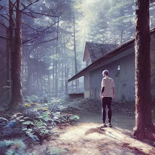 Image similar to a ultra detailed beautiful painting of a man exploring an abandoned house in a forest, oil panting, high resolution 4 k, by ilya kuvshinov, greg rutkowski and makoto shinkai