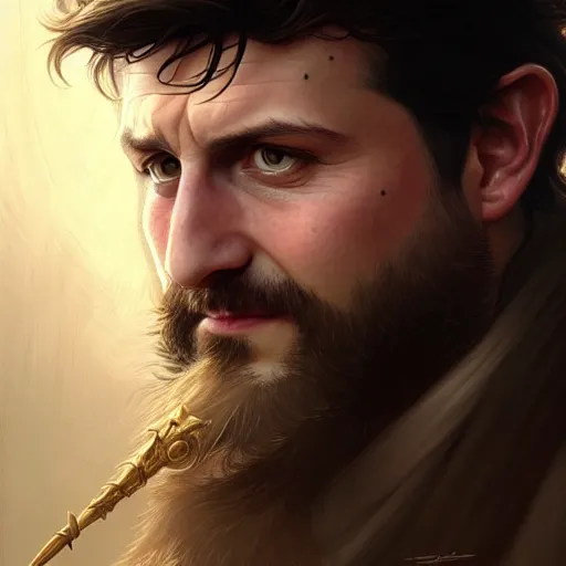 Image similar to Harry Maguire with a majestic beard, closeup, D&D, fantasy, intricate, elegant, highly detailed, digital painting, artstation, concept art, matte, sharp focus, illustration, art by Artgerm and Greg Rutkowski and Alphonse Mucha