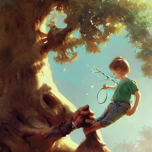 Image similar to close up of child's hand attaching a circle - shaped sticker to a tree, digital art by ruan jia and mandy jurgens and artgerm, highly detailed, trending on artstation, award winning