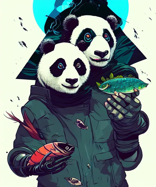 Prompt: a portrait of a cyberpunk panda holding a fish, fantasy, elegant, digital painting, artstation, concept art, matte, sharp focus, illustration, art by josan gonzalez