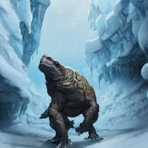 Image similar to bulky anthropomorphic turtle brute by greg rutkowski, winter, ice cave