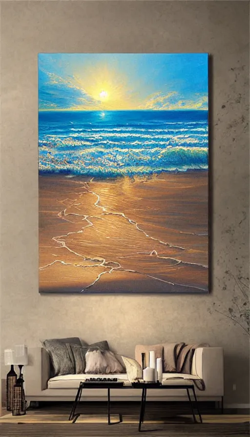 Image similar to Romanticism painting of the beach on a hot summer day, dramatic lighting, volumetric lighting, intricately detailed, canvas print