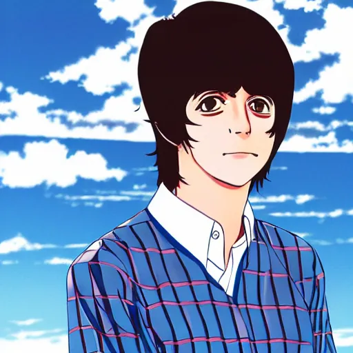 Image similar to anime illustration of young Paul McCartney from the Beatles, wearing a blue and white check shirt, silver sports watch, on a yacht at sea, relaxing and smiling at camera, white clouds, ufotable