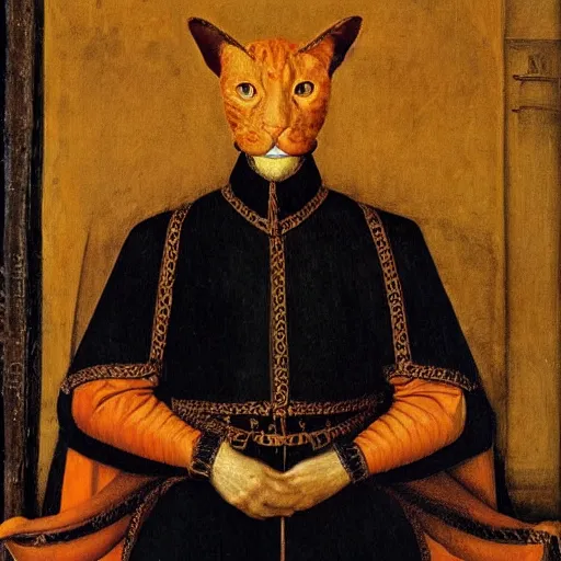Prompt: portrait of a king with an orange cats head for a head, oil painting by jan van eyck, northern renaissance art, oil on canvas, wet - on - wet technique, realistic, expressive emotions, intricate textures, illusionistic detail
