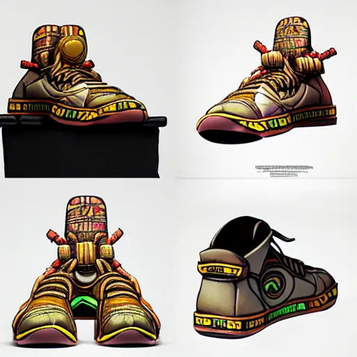 Image similar to realistic scultpure of sneaker! design, sneaker design overwatch fantasy style mixed with aztec mayan native street fashion, focus on sneakers only, shoes designed by akira toriyama and studio ghibli