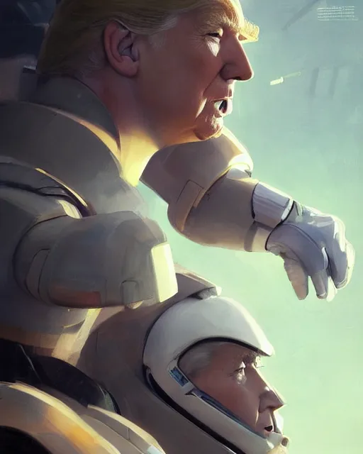 Image similar to donald trump in a futuristic spaceship pilot dress, year twenty one hundred, portrait, illustration, rim light, top light, perfectly shaded, spring time, slight overcast lighting, soft painting, art by krenz cushart and wenjun lin